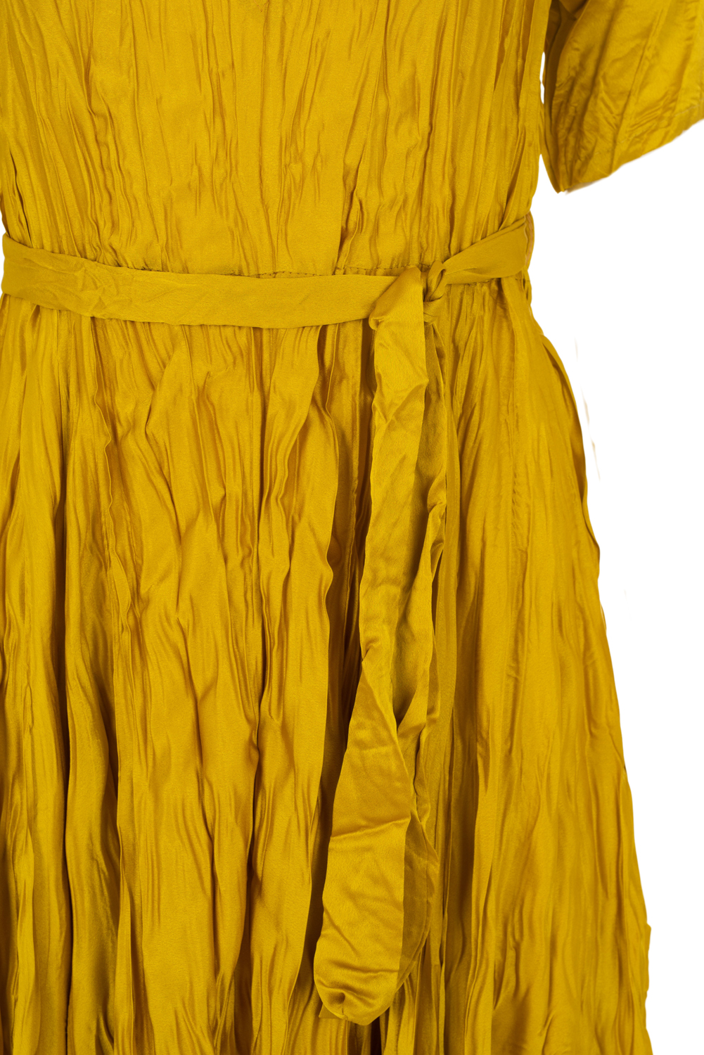 Crinckled Silky Maxi Fit and Flare Dress with Tie Belt