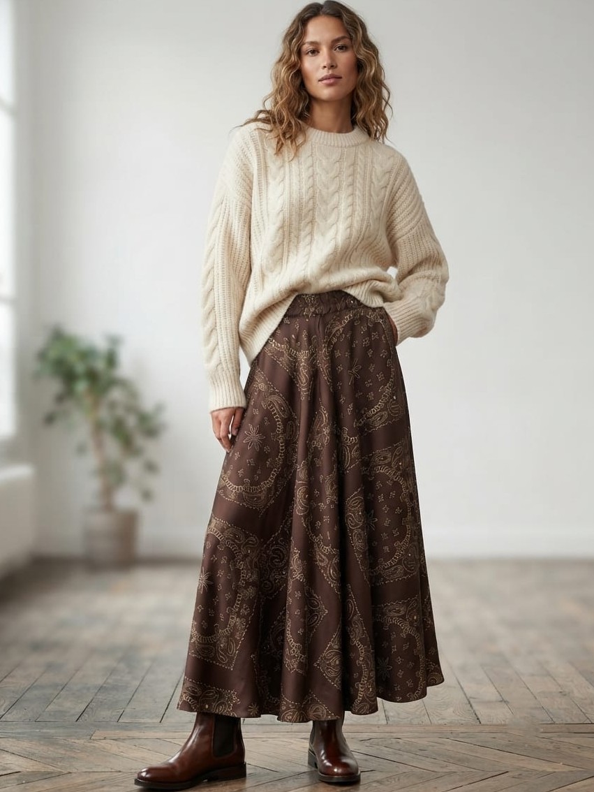 “Bandana” Print Silky Maxi Skirt with Elasticated Waistband -Sunny Studio