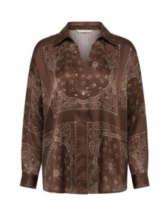 Slouchy "Bandana" Print Polo Blouse - Sunny Studio - Dark Brown, One Size