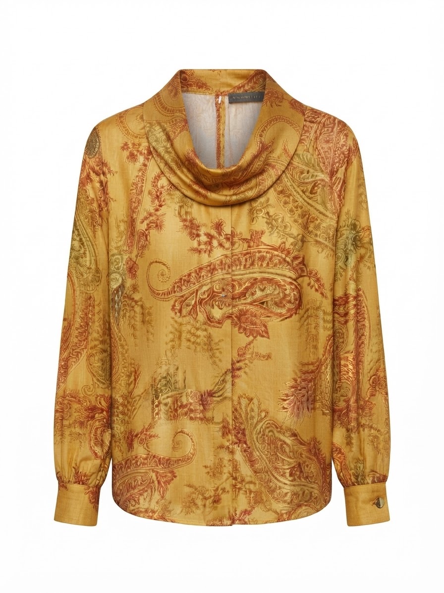 Silky Large Paisley Blouse with Open Folded Neckline – Elena Miro