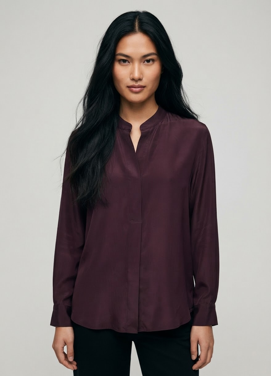 V-Neck Fly Front Mandarin Collar Long Silk Blouse – Marella
