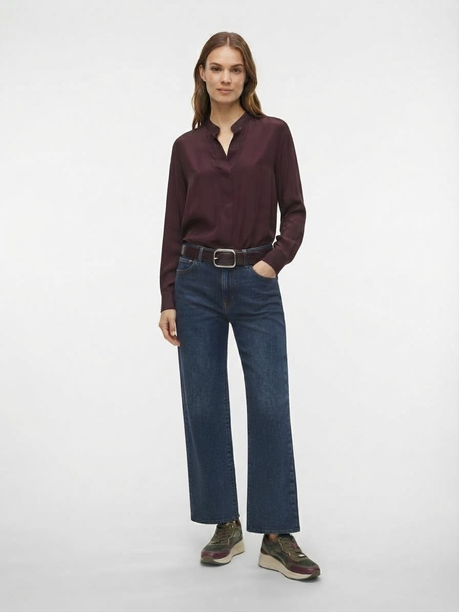 V-Neck Fly Front Mandarin Collar Long Silk Blouse – Marella