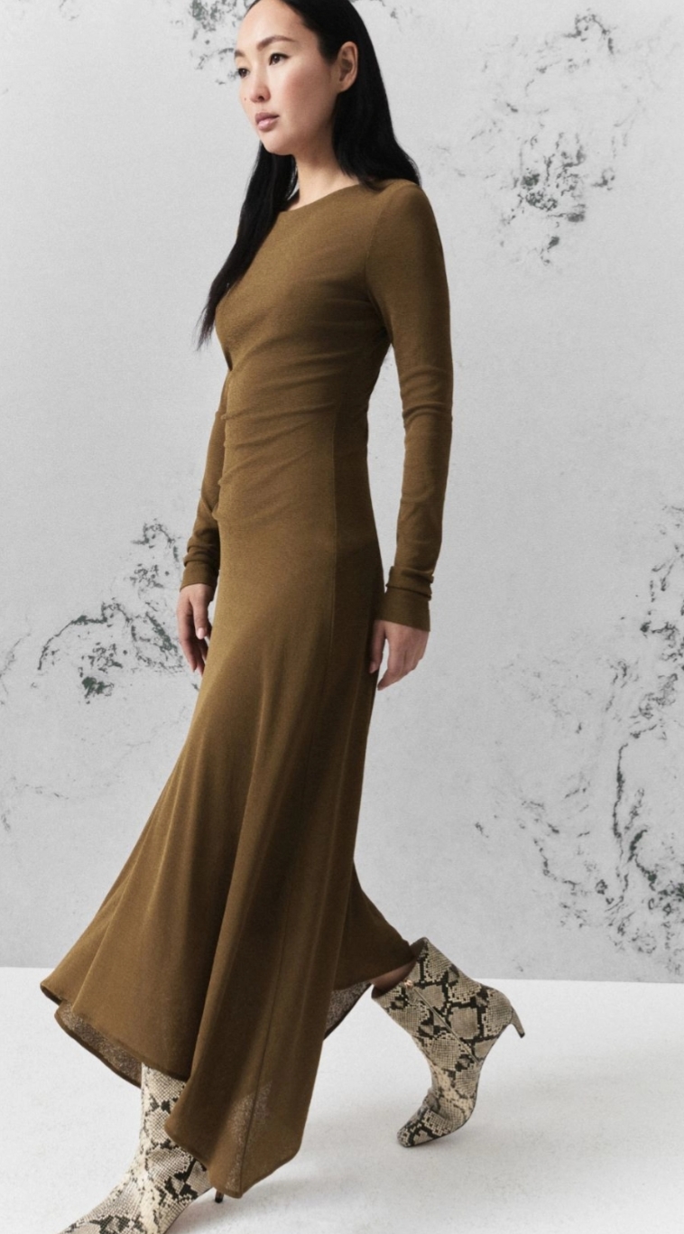 Fit and Flare Asymmetric Maxi Jersey Dress with Waist Ruching – Marella
