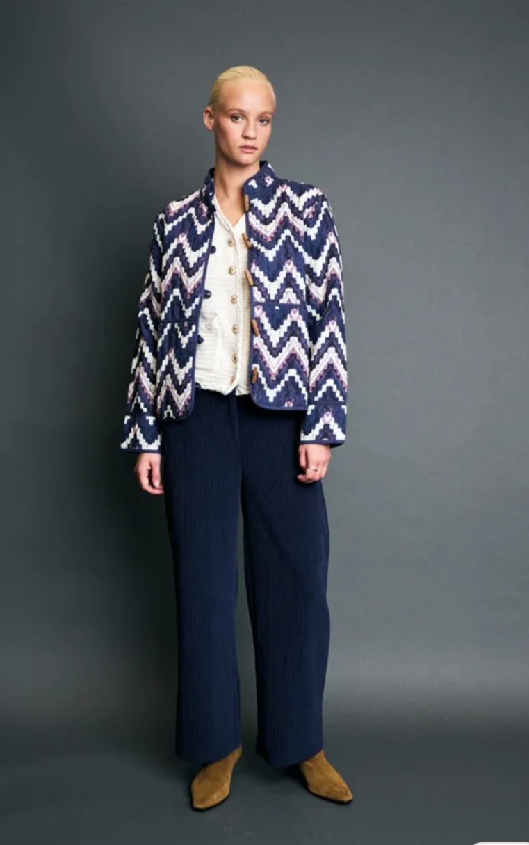 Ikat Patterned Quilted Shacket with Toggle Buttons,Mandarin Colar and Large Pockets – Ichi