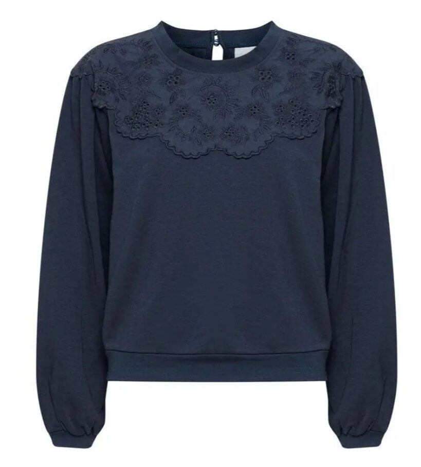 Sweatshirt with Ruched Shoulders and Openwork Decorated Yoke – Ichi