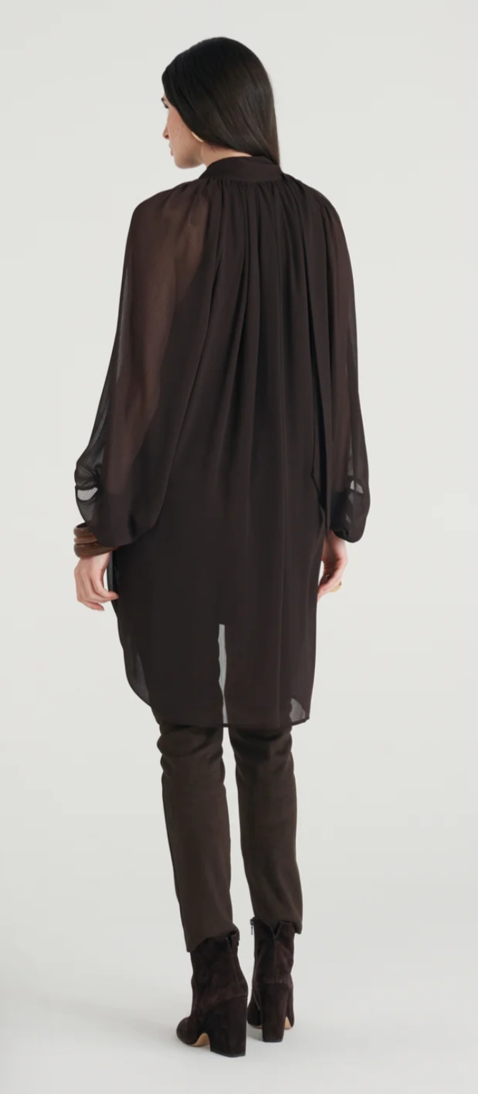 Pussy Bow Ruched Sheer Dress with Large Puffed Sleeves – Caractere