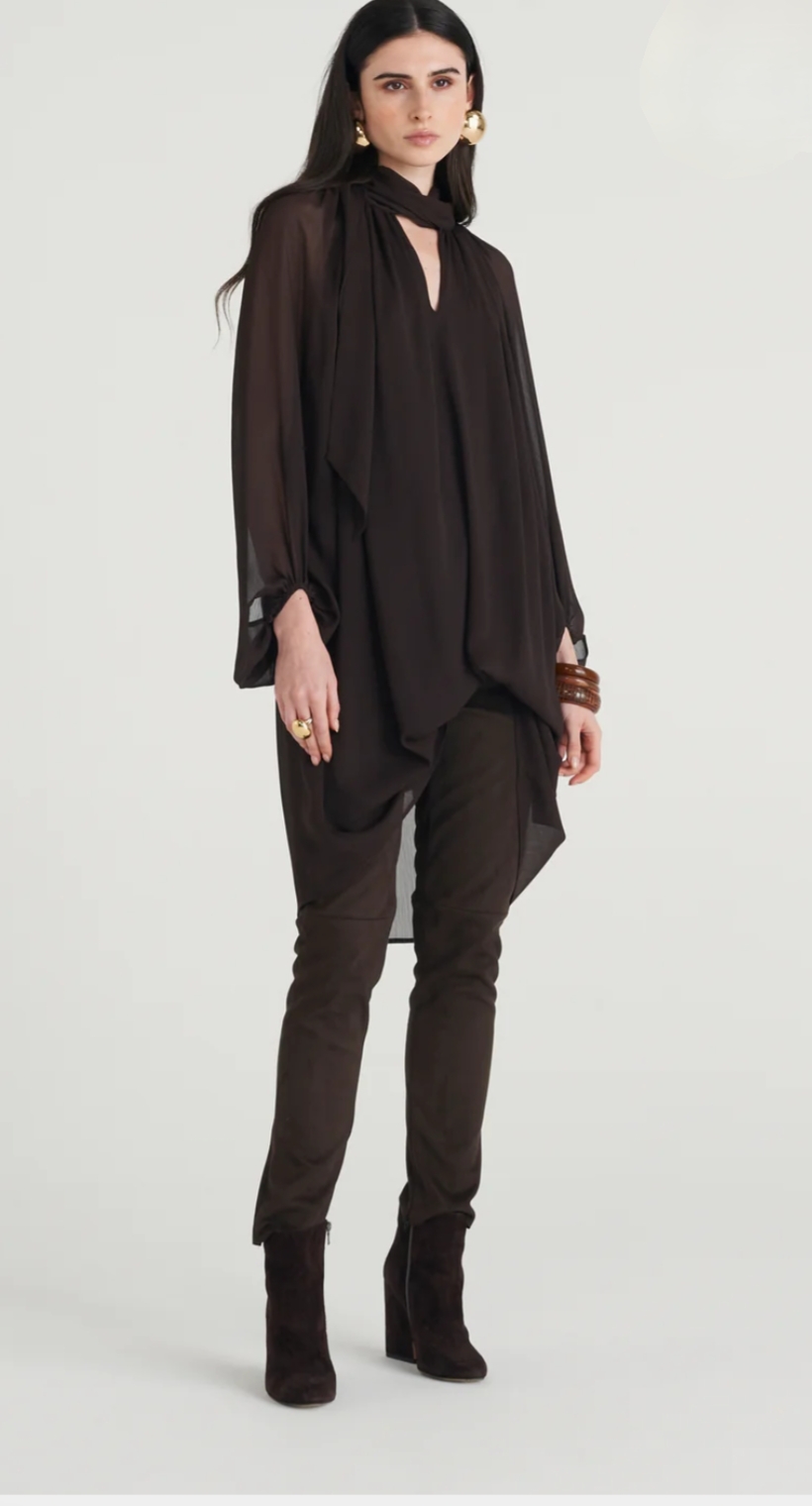 Pussy Bow Ruched Sheer Dress with Large Puffed Sleeves – Caractere