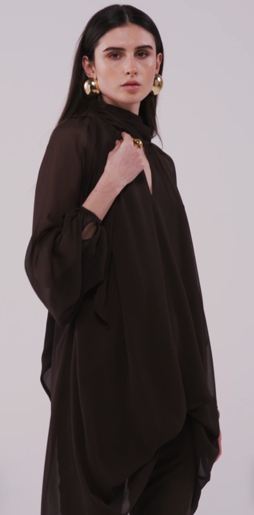 Pussy Bow Ruched Sheer Dress with Large Puffed Sleeves – Caractere