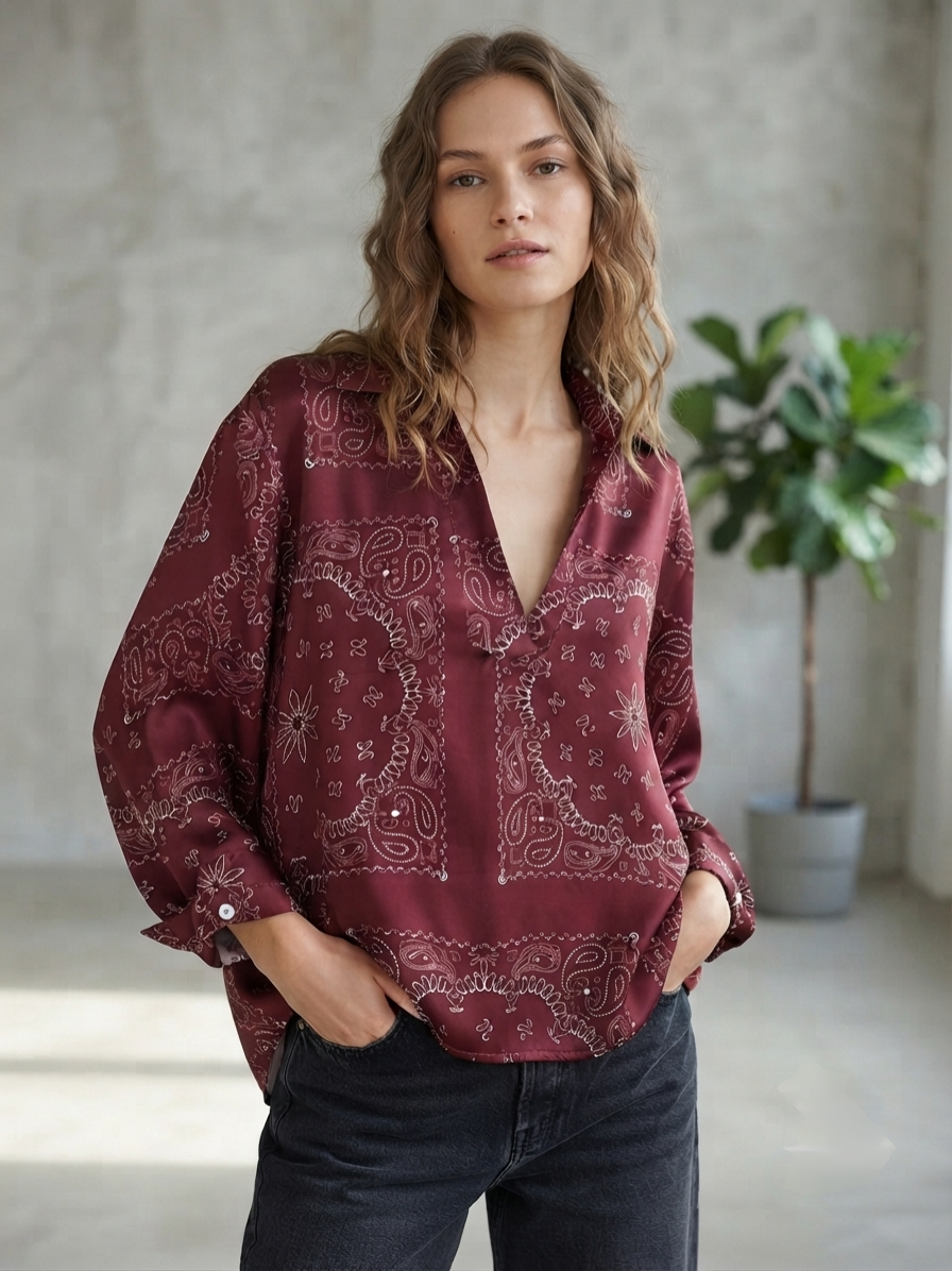 Slouchy “Bandana” Print Polo Blouse – Sunny Studio