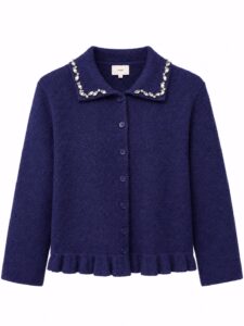 Image of Woolly Polo Cardigan with Frilly Hem and Bejewelled Collar – An’ge