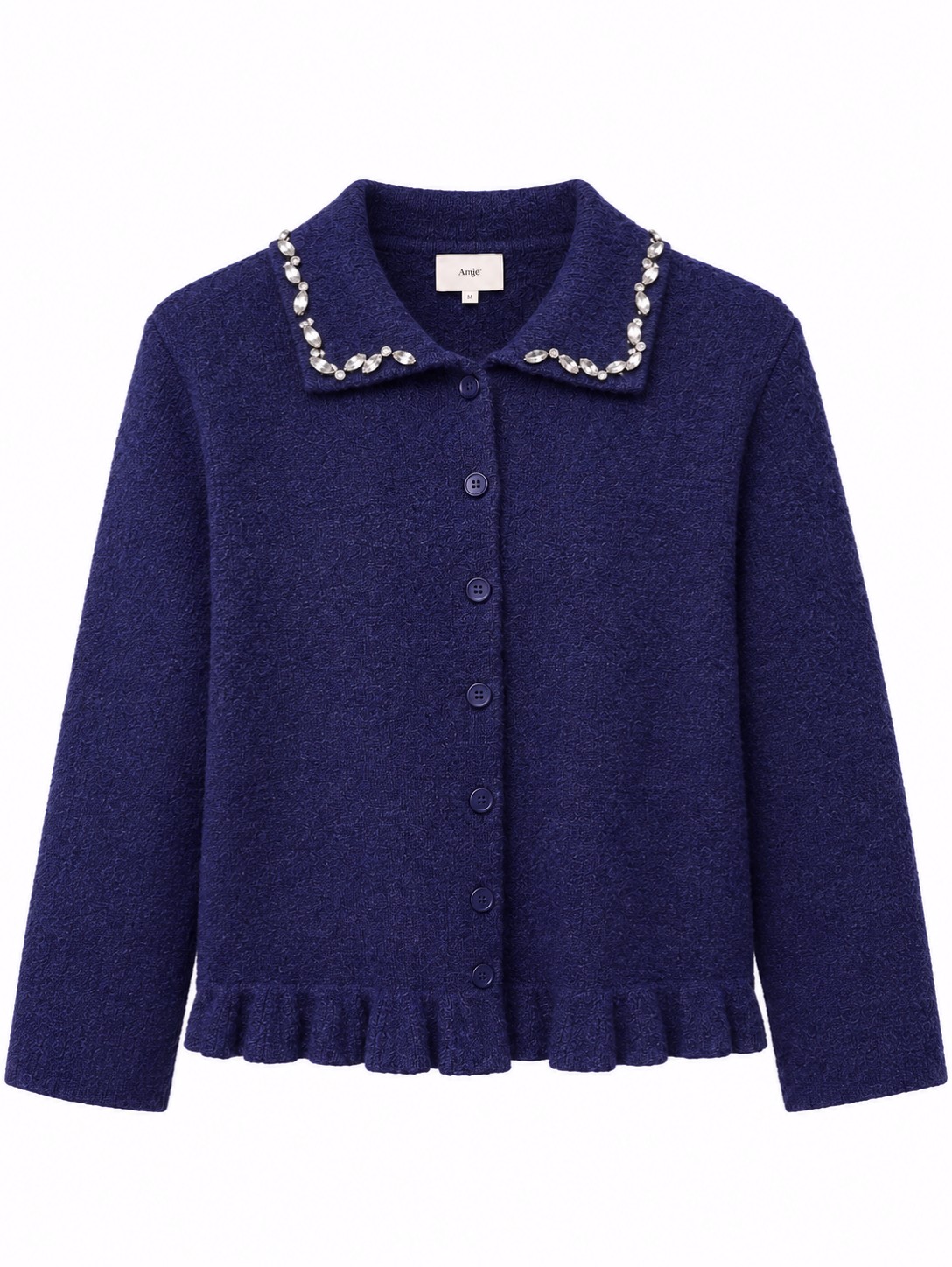 Woolly Polo Cardigan with Frilly Hem and Bejewelled Collar – An’ge