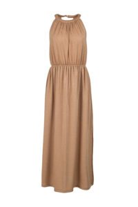 Image of Long Halter Neck Draped Metallic Dress with Ruched Waist,Side Slit and Wraped Back Detail