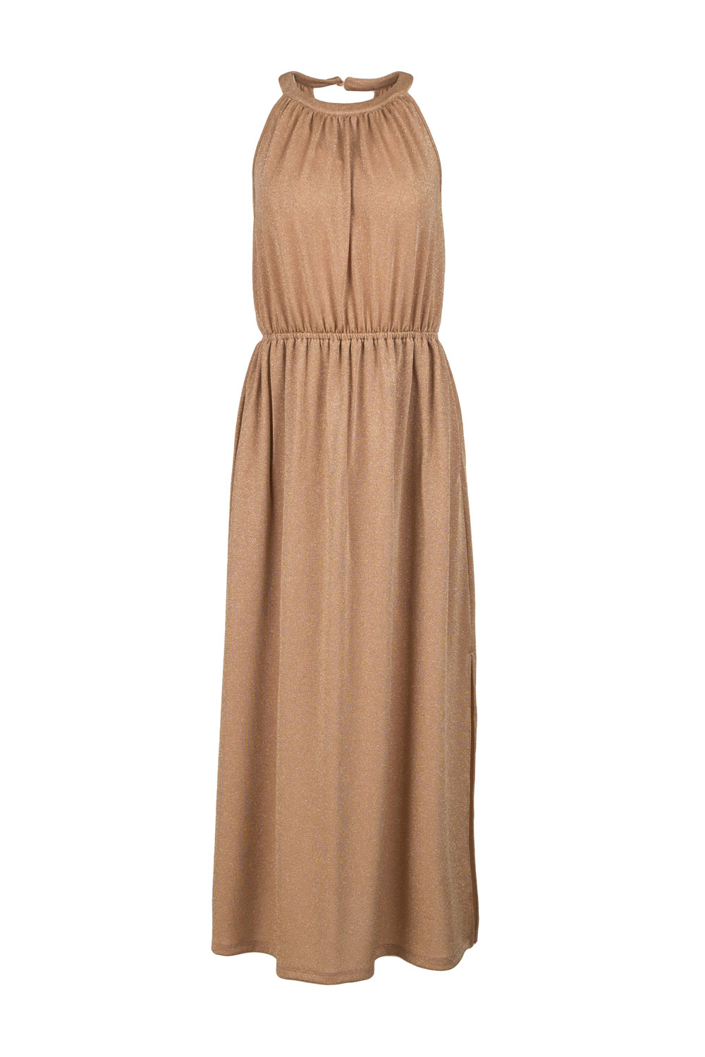 Long Halter Neck Draped Metallic Dress with Ruched Waist,Side Slit and Wraped Back Detail