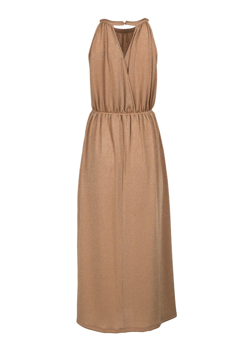 Long Halter Neck Draped Metallic Dress with Ruched Waist,Side Slit and Wraped Back Detail