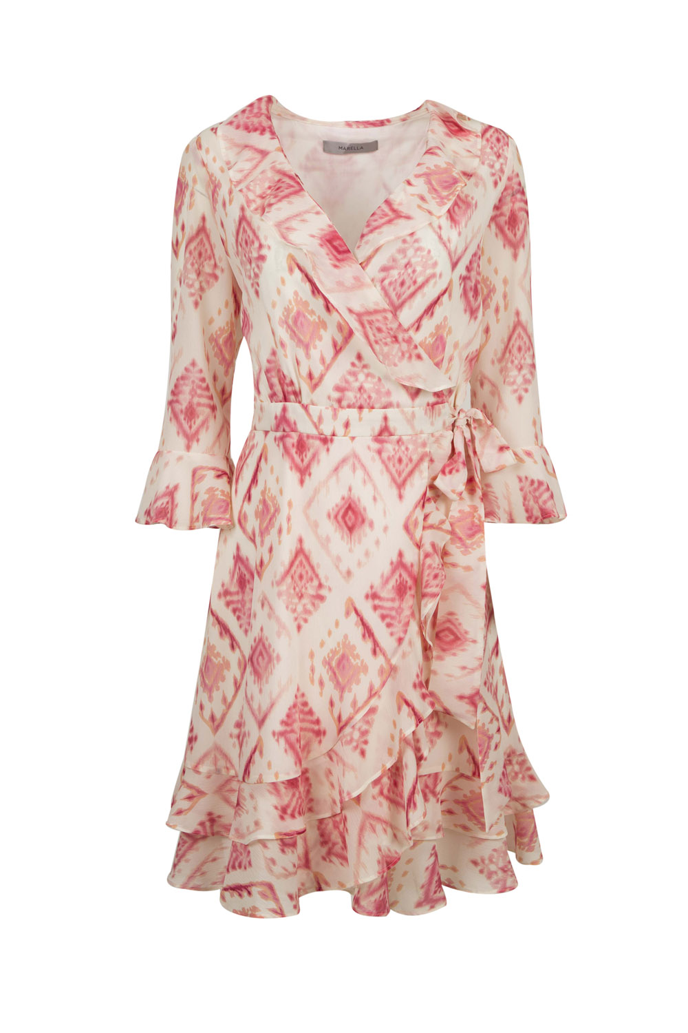 Ikat Patterned Sheer Wrap Dress with Frills (and Incorporated Cotton Lining)