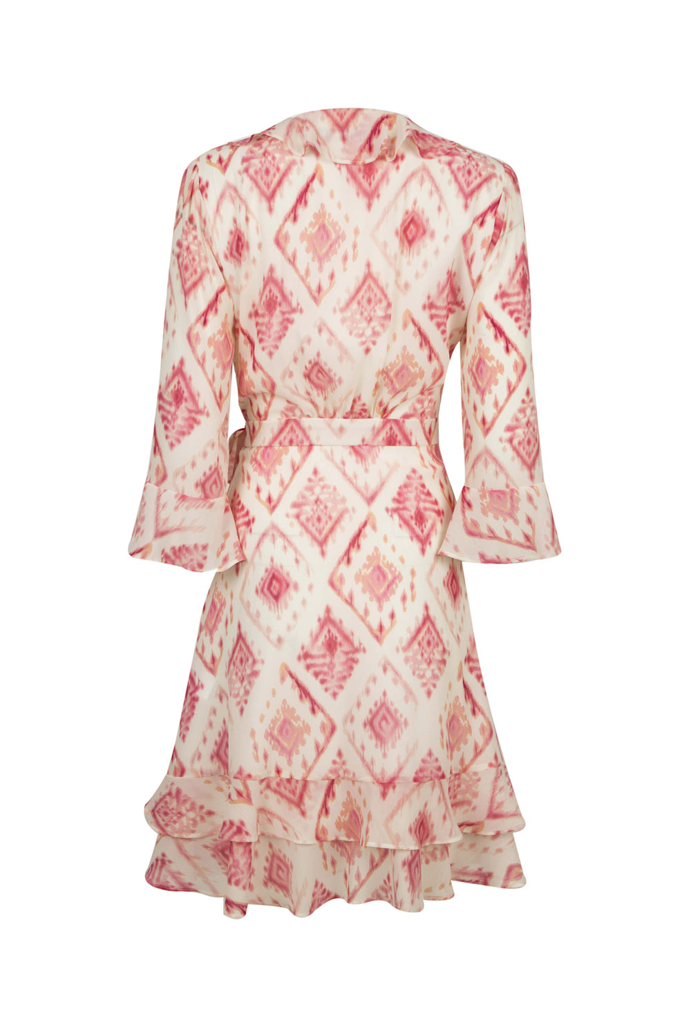 Ikat Patterned Sheer Wrap Dress with Frills (and Incorporated Cotton Lining)