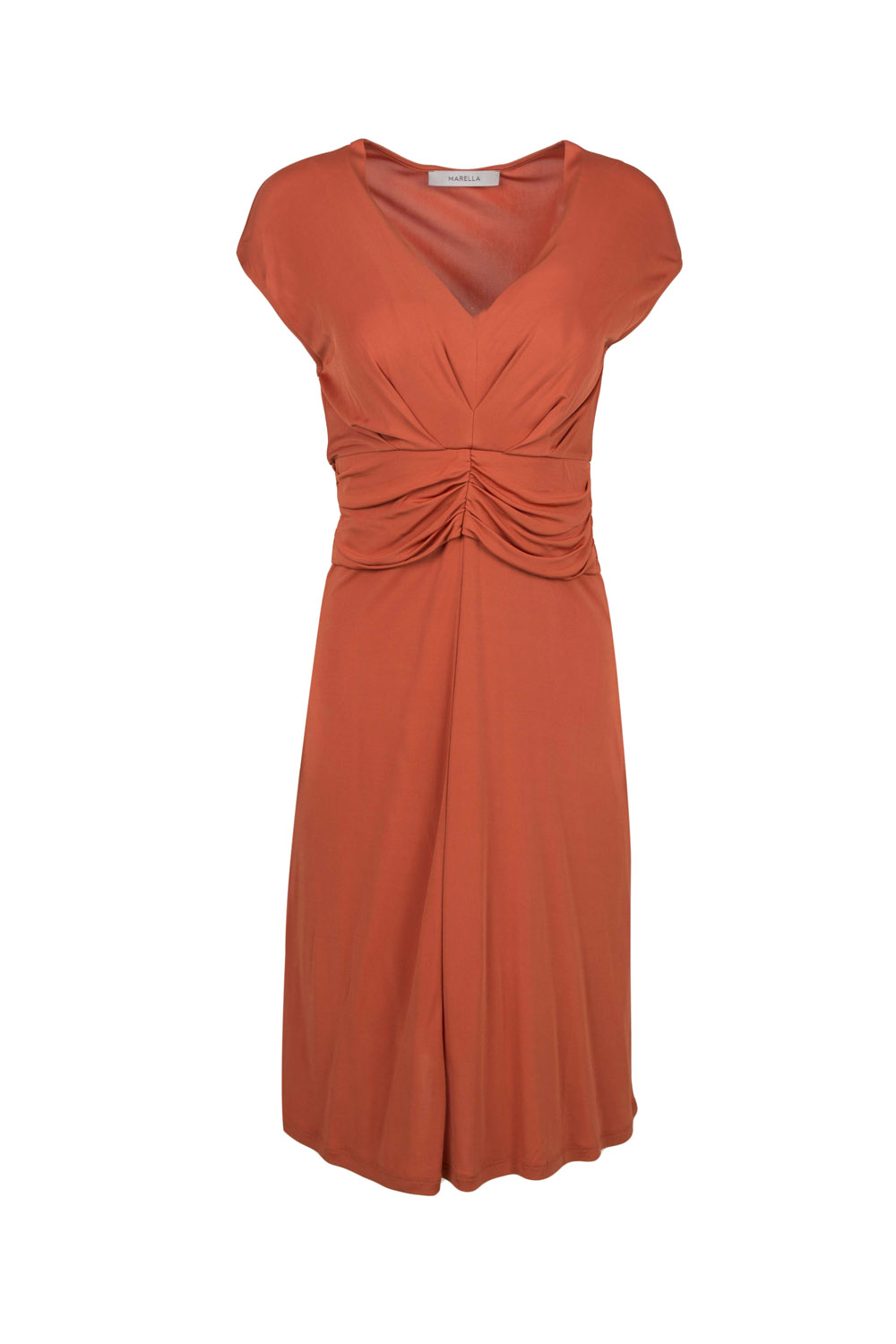 Fit and Flare Jersey V Neck Dress with Waist Ruching Detail