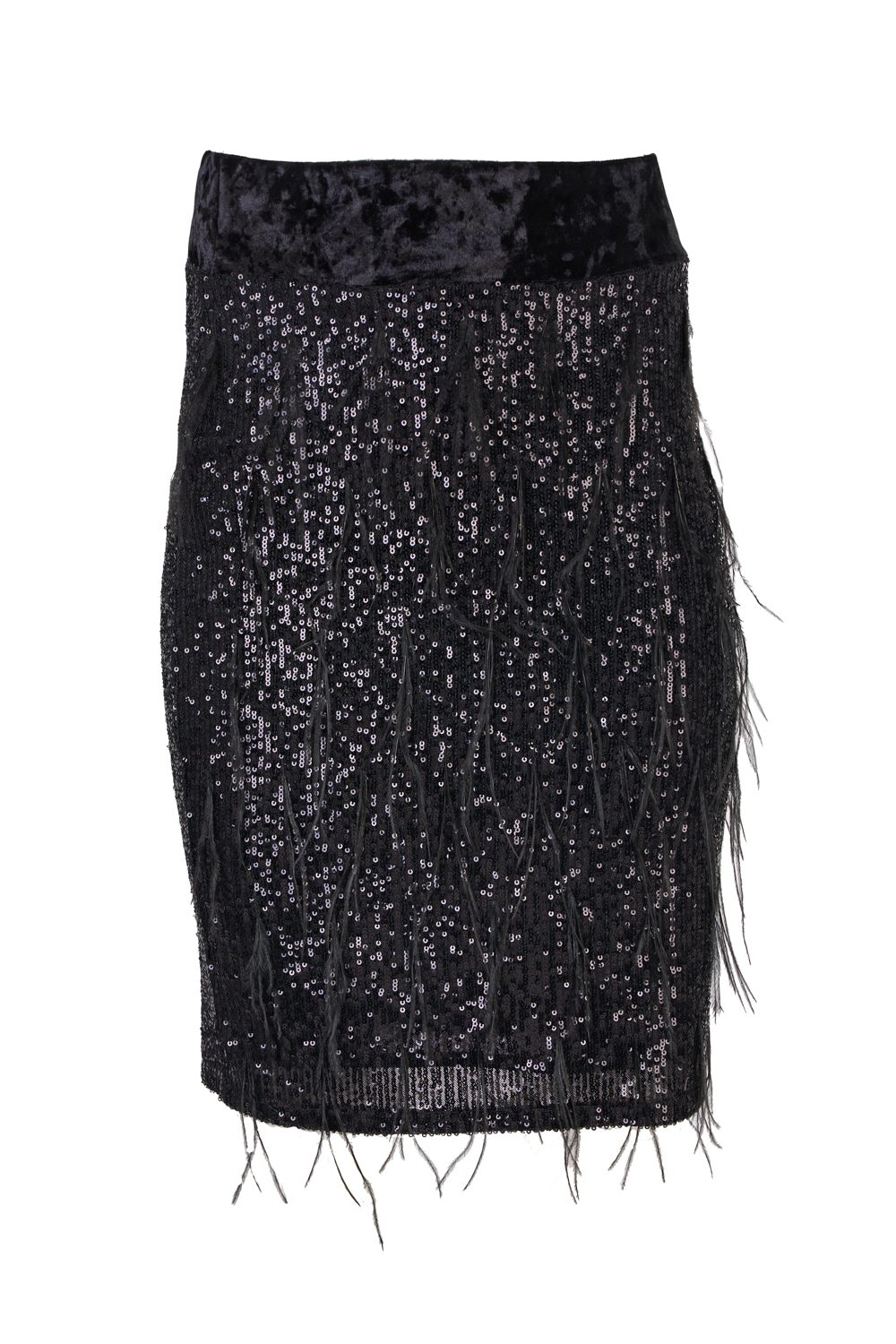 Sequined Stretch Pencil Skirt with Velvet Waistband and Feather Details – Caractere