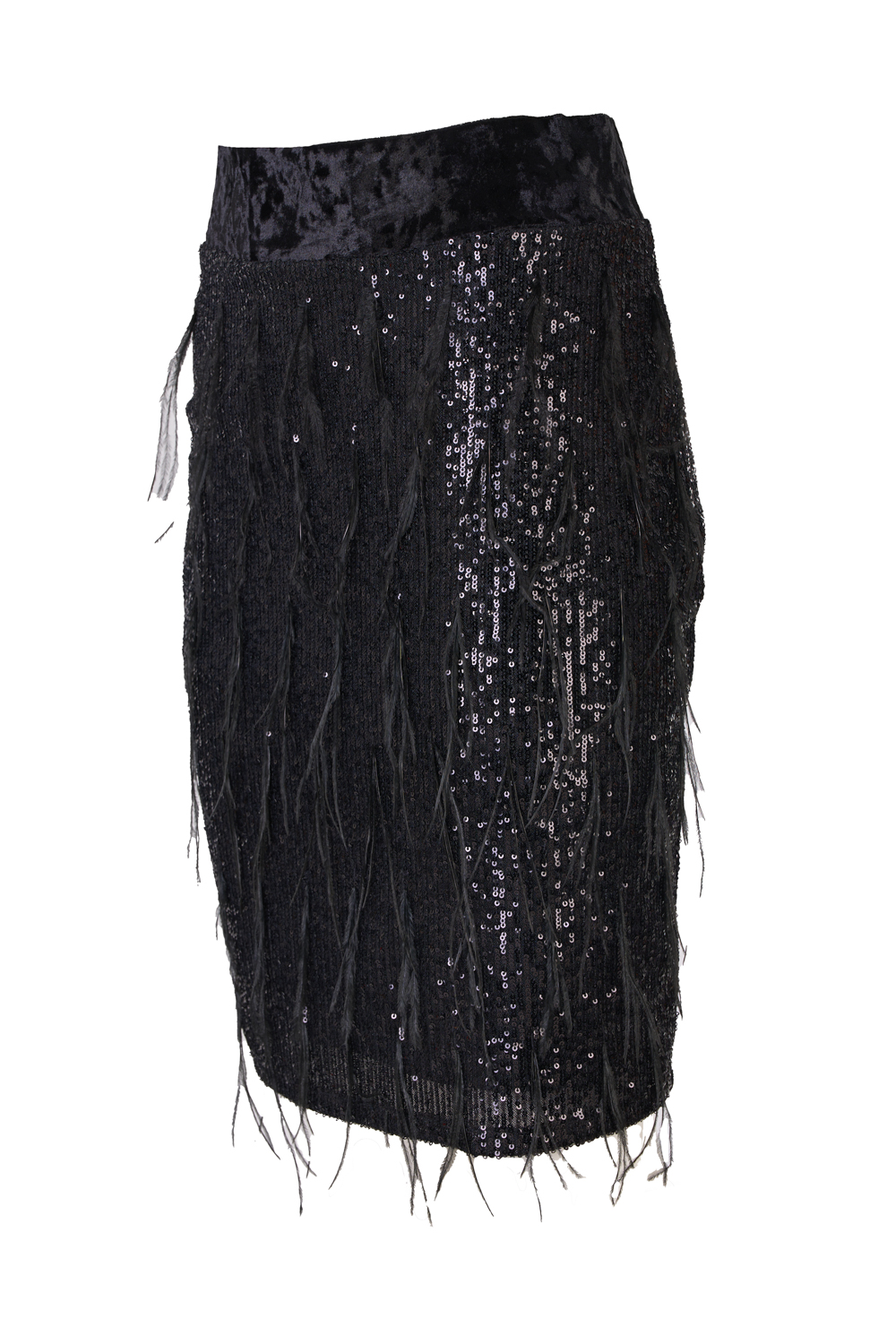 Sequined Stretch Pencil Skirt with Velvet Waistband and Feather Details – Caractere