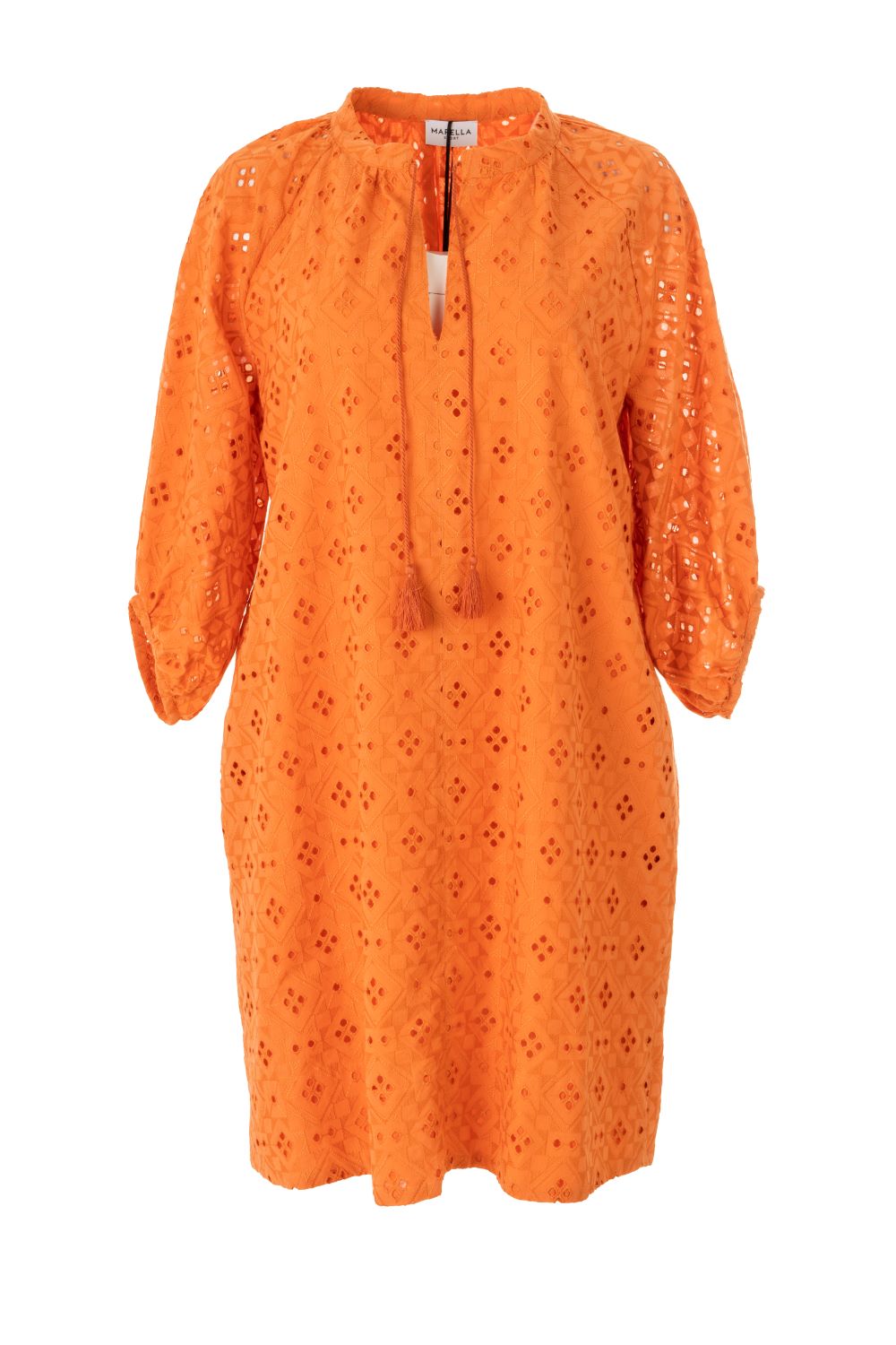 Openwork Short Kaftan Dress with Puffed Sleeves and Side Pockets