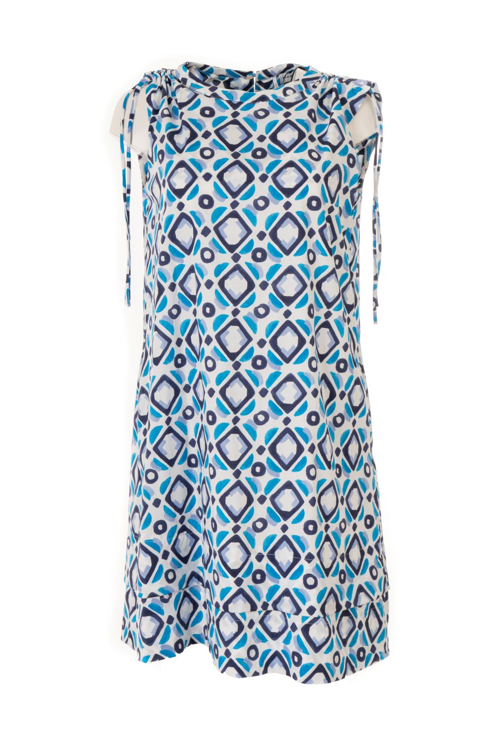 Light Cotton Diamond Print Dress with Shoulder Ruching and Double Hem Detail