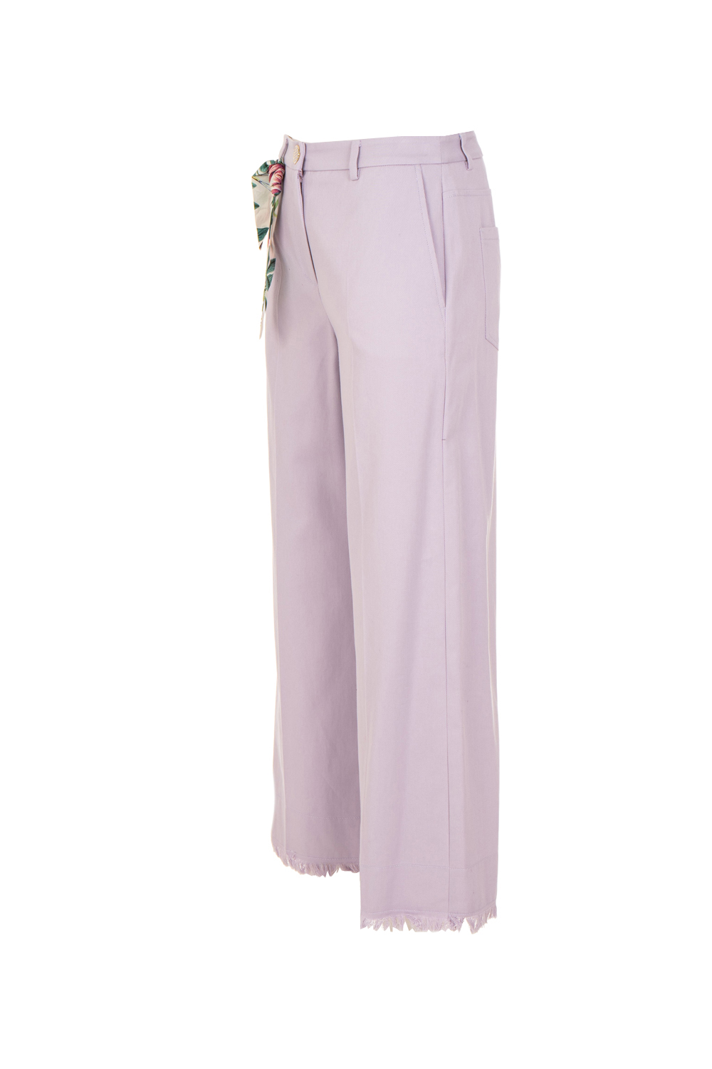 Wide Legged Denim Trousers with Frayed Hem,Ornate Button and Extra Tying Detail