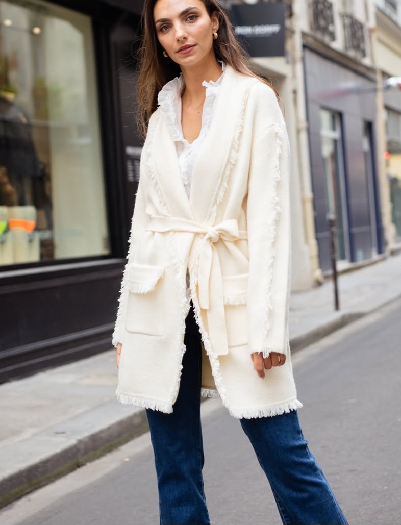 Long Wooly Cardigan with Fringe Details,Tie Belt and Large Pockets – Orlinn