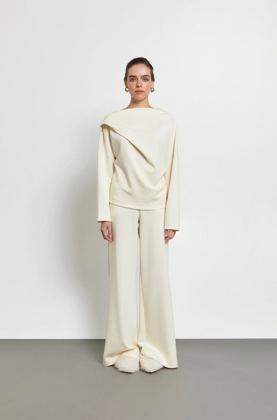 Soft “Architectural” Blouse with High Neck and Side Pleat – Kourbela