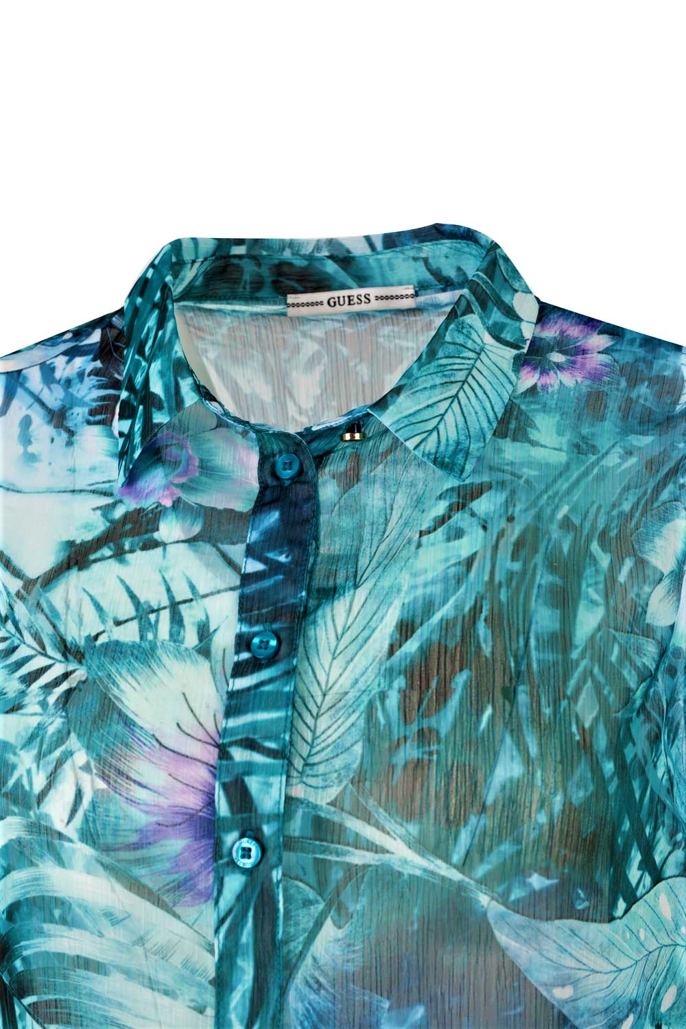 Sleeveless Sheer Tropical Print Shirt