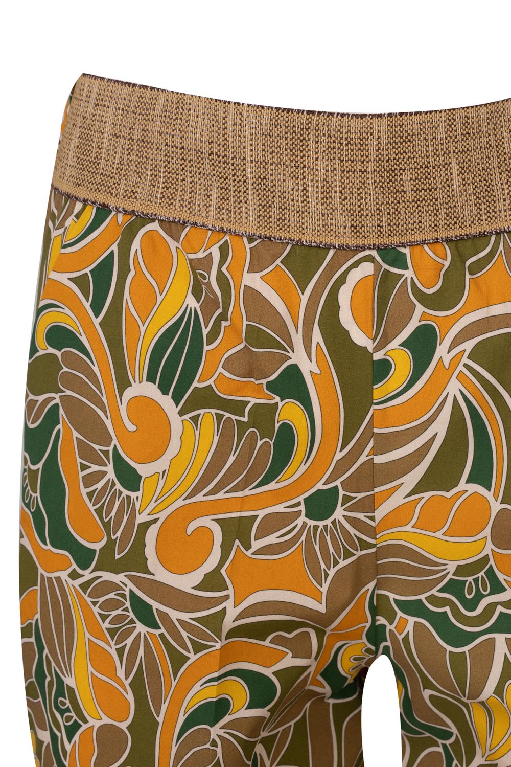 Cropped Printed Trousers with Elasticated Front “Raffia” Effect Waistband