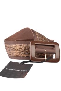 Image of Wide Raffia and Fabric Belt with Rectangular Buckle