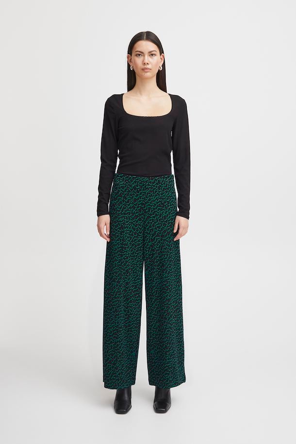 Wide Legged Jersey Patterned Trousers with Elasticated Waistband- Ichi
