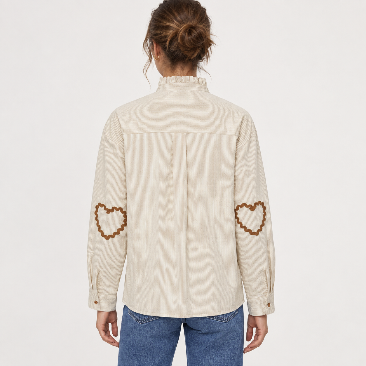 Striped Shirt with Frilled Neckline and Elbow Detail – Ichi