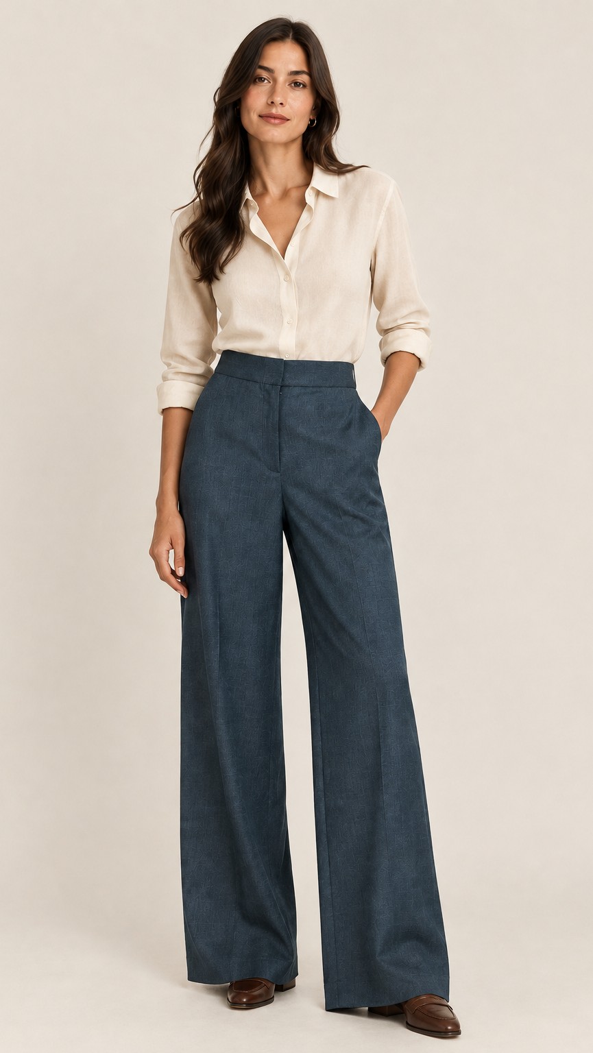 Wide Legged Herringbone Trousers with Pockets and Elasticated Back Band – Marella