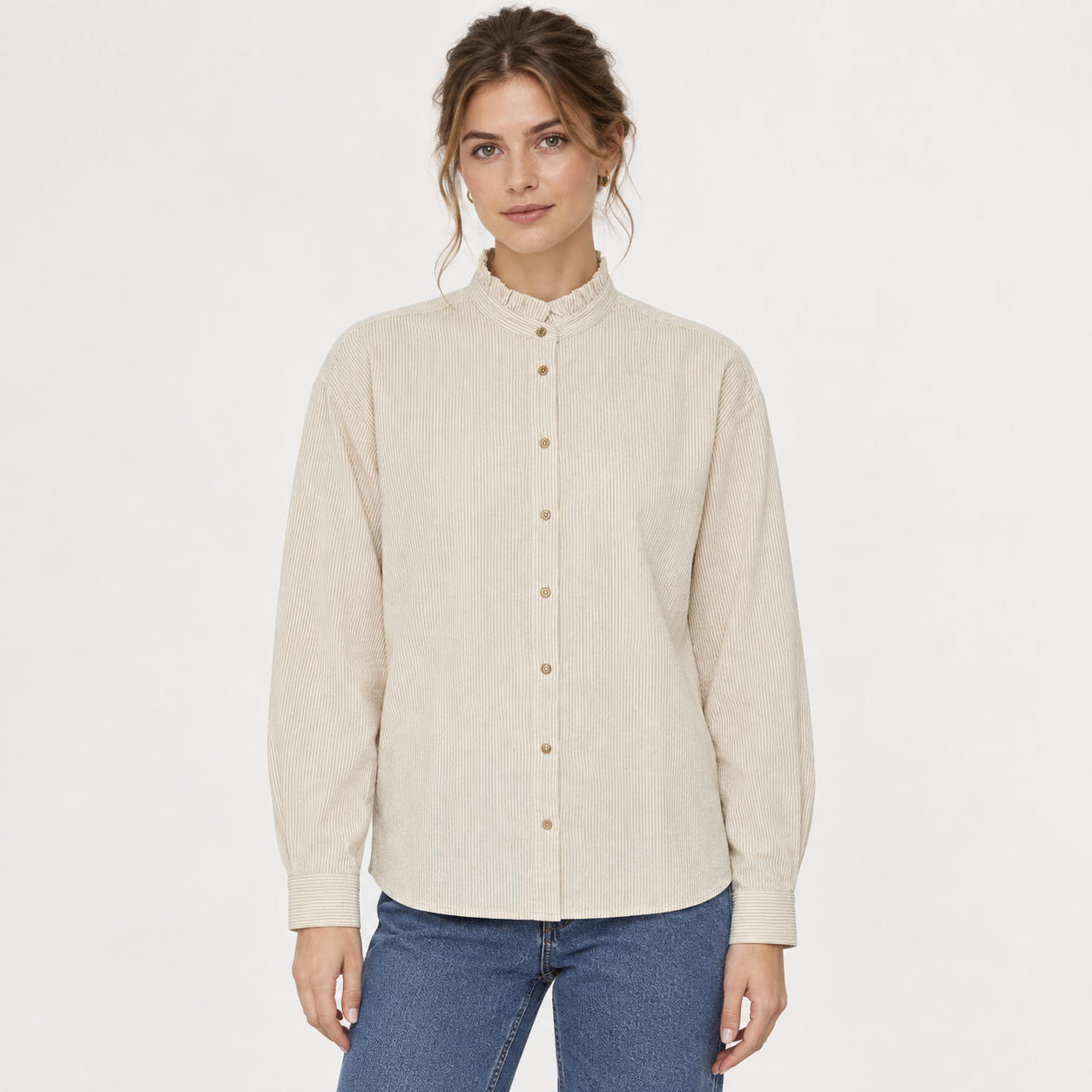 Striped Shirt with Frilled Neckline and Elbow Detail – Ichi
