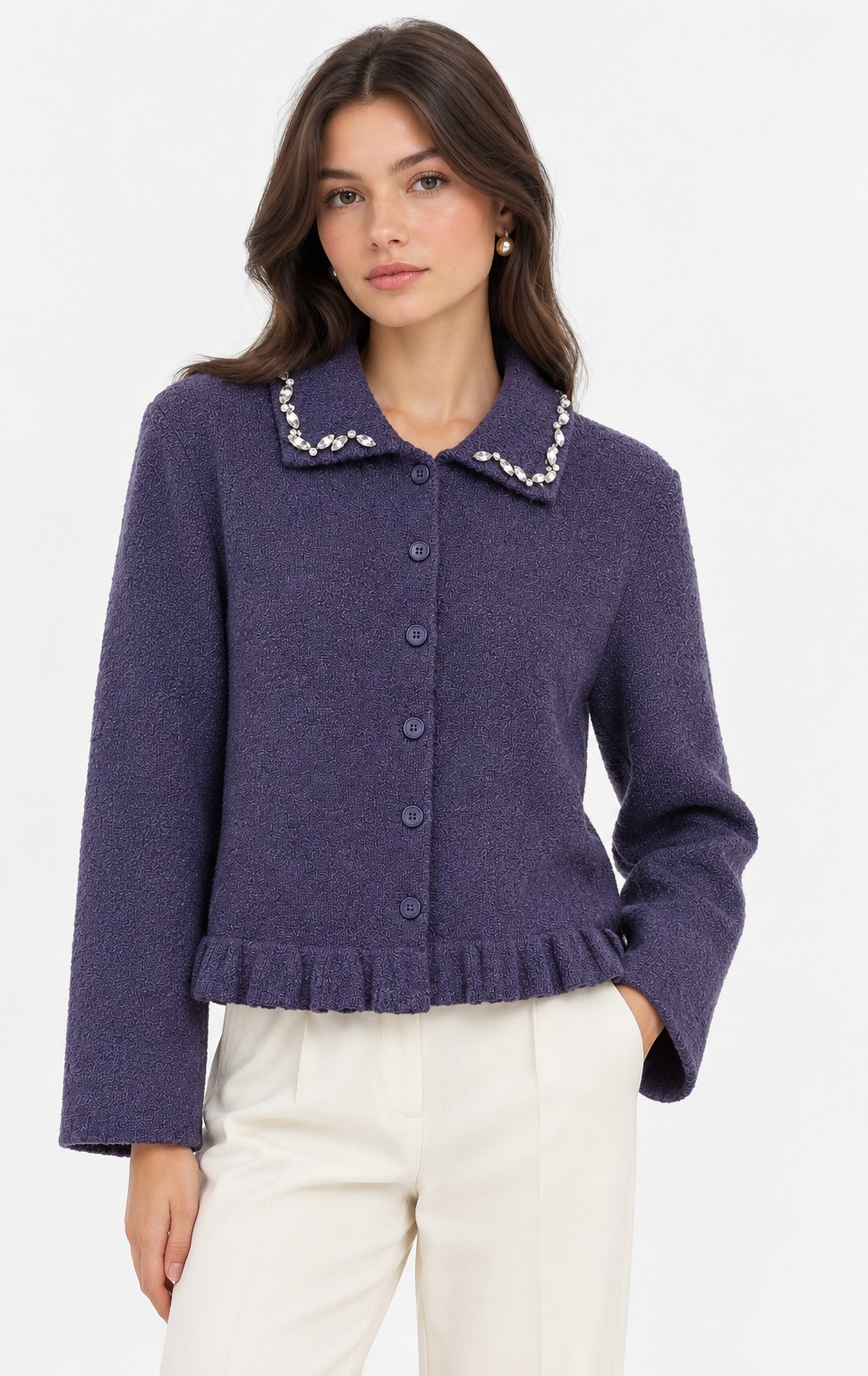 Woolly Polo Cardigan with Frilly Hem and Bejewelled Collar – An’ge