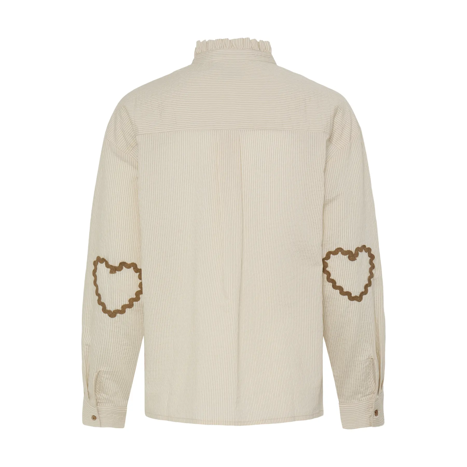 Striped Shirt with Frilled Neckline and Elbow Detail – Ichi