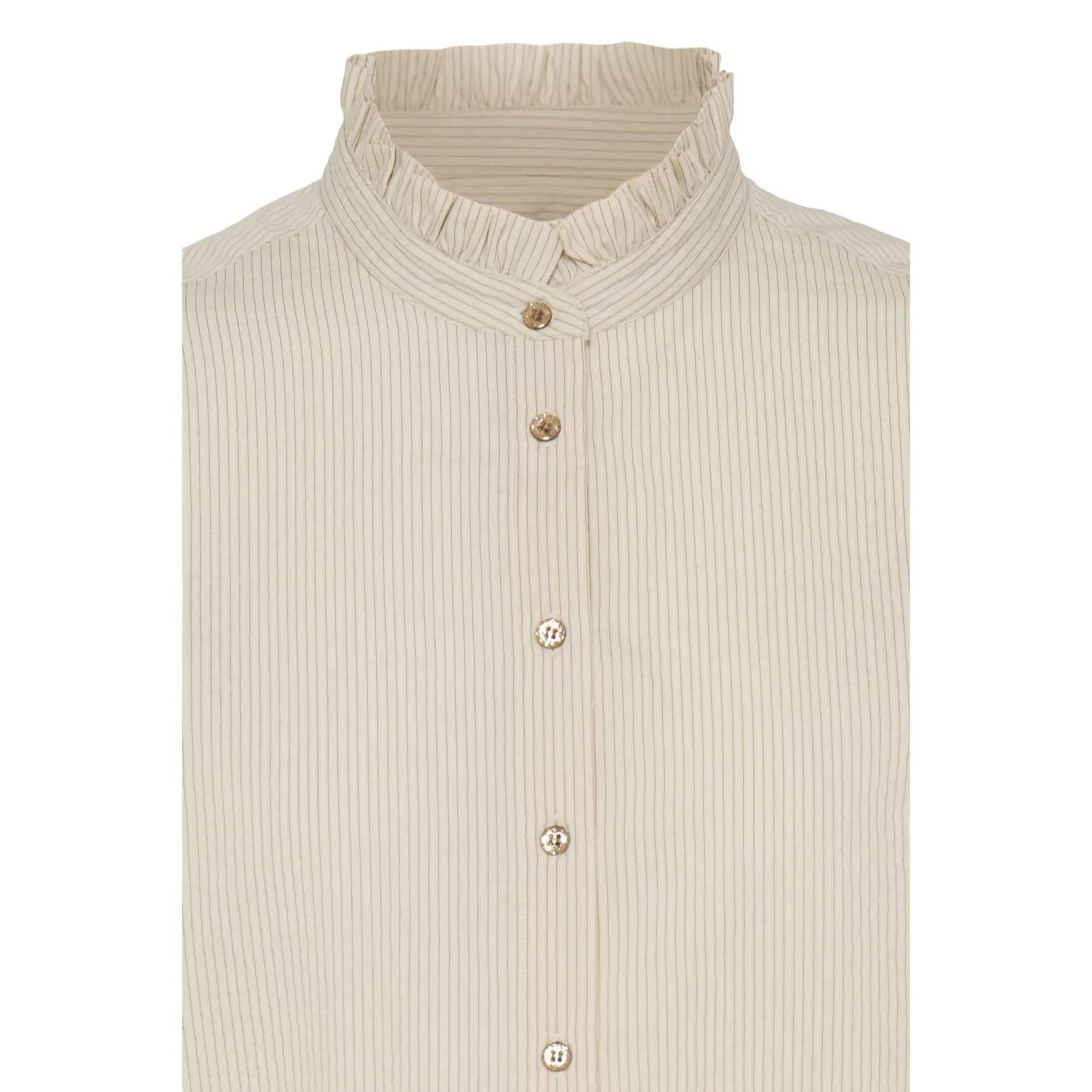 Striped Shirt with Frilled Neckline and Elbow Detail – Ichi