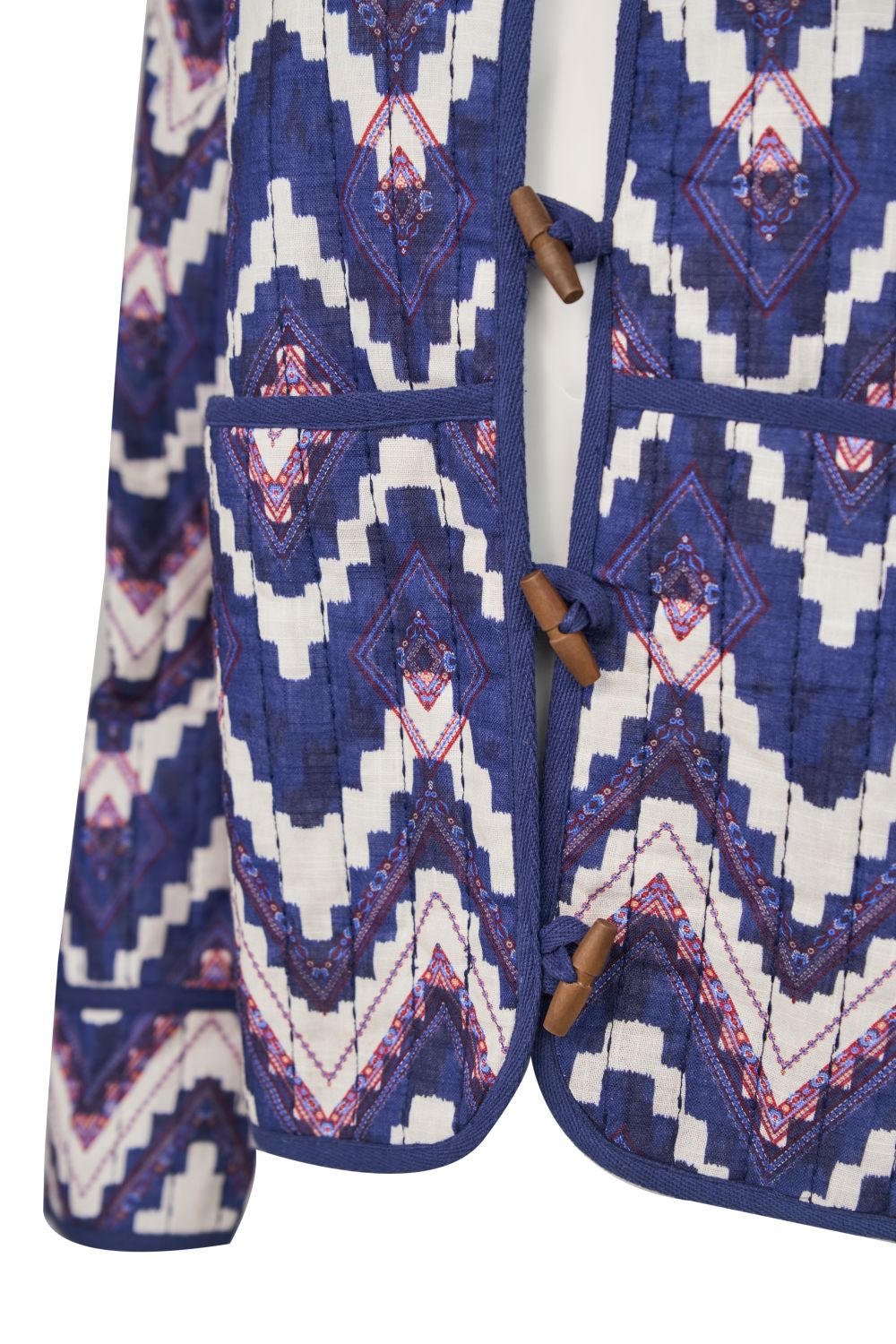Ikat Patterned Quilted Shacket with Toggle Buttons,Mandarin Colar and Large Pockets – Ichi