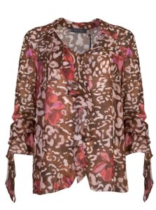 Viscose Floral Blouse with Front and Sleeve Flounce-Elena Miro - Coffee/Coral/Rosewood, 39/ IT 48