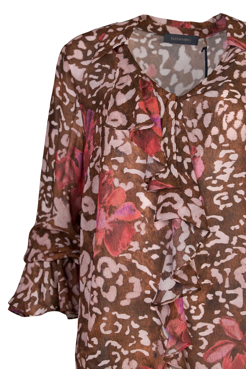 Viscose Floral Blouse with Front and Sleeve Flounce-Elena Miro