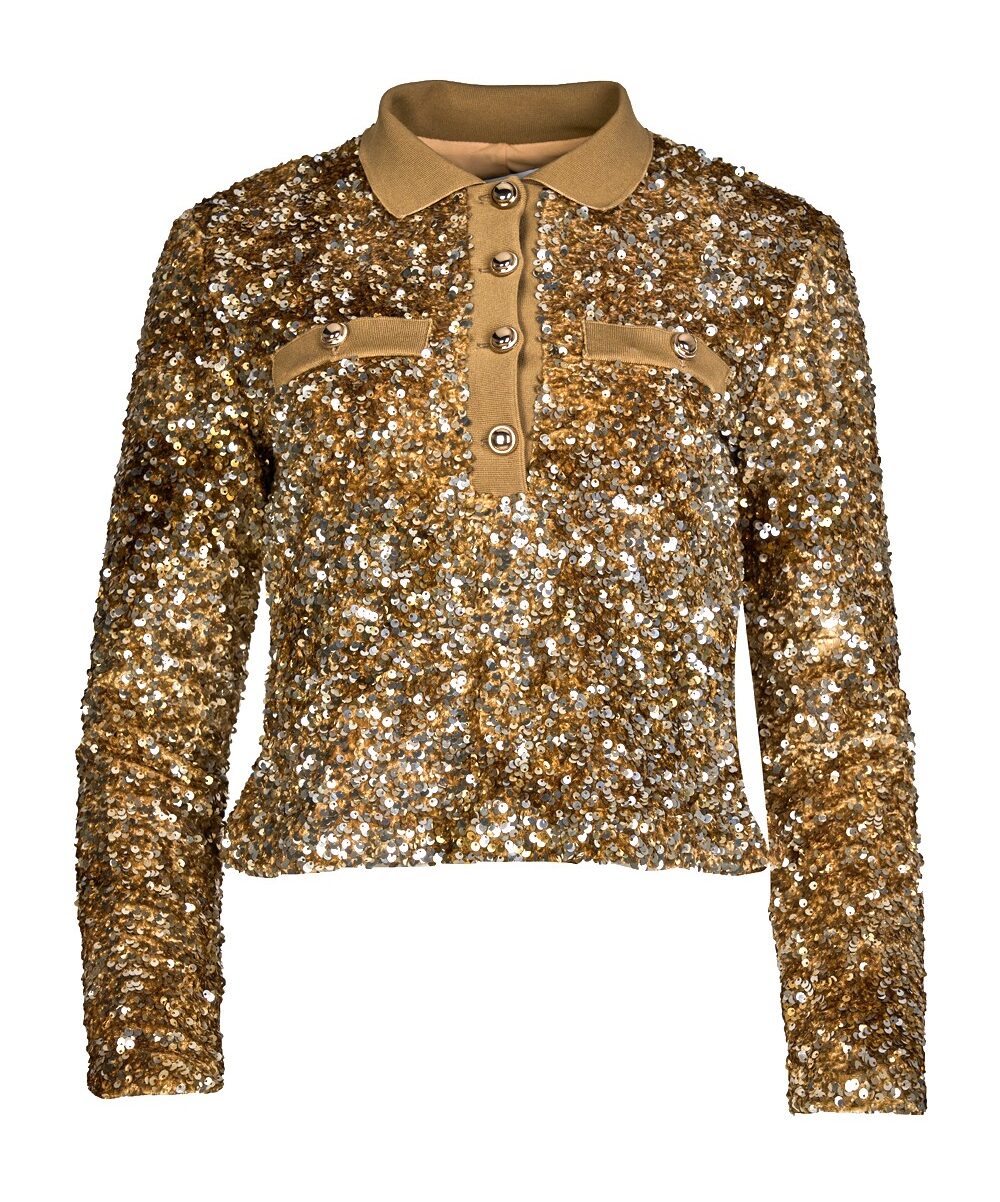 All-Over Sequinned Cropped Polo Blouse with Metal Buttons – Marella
