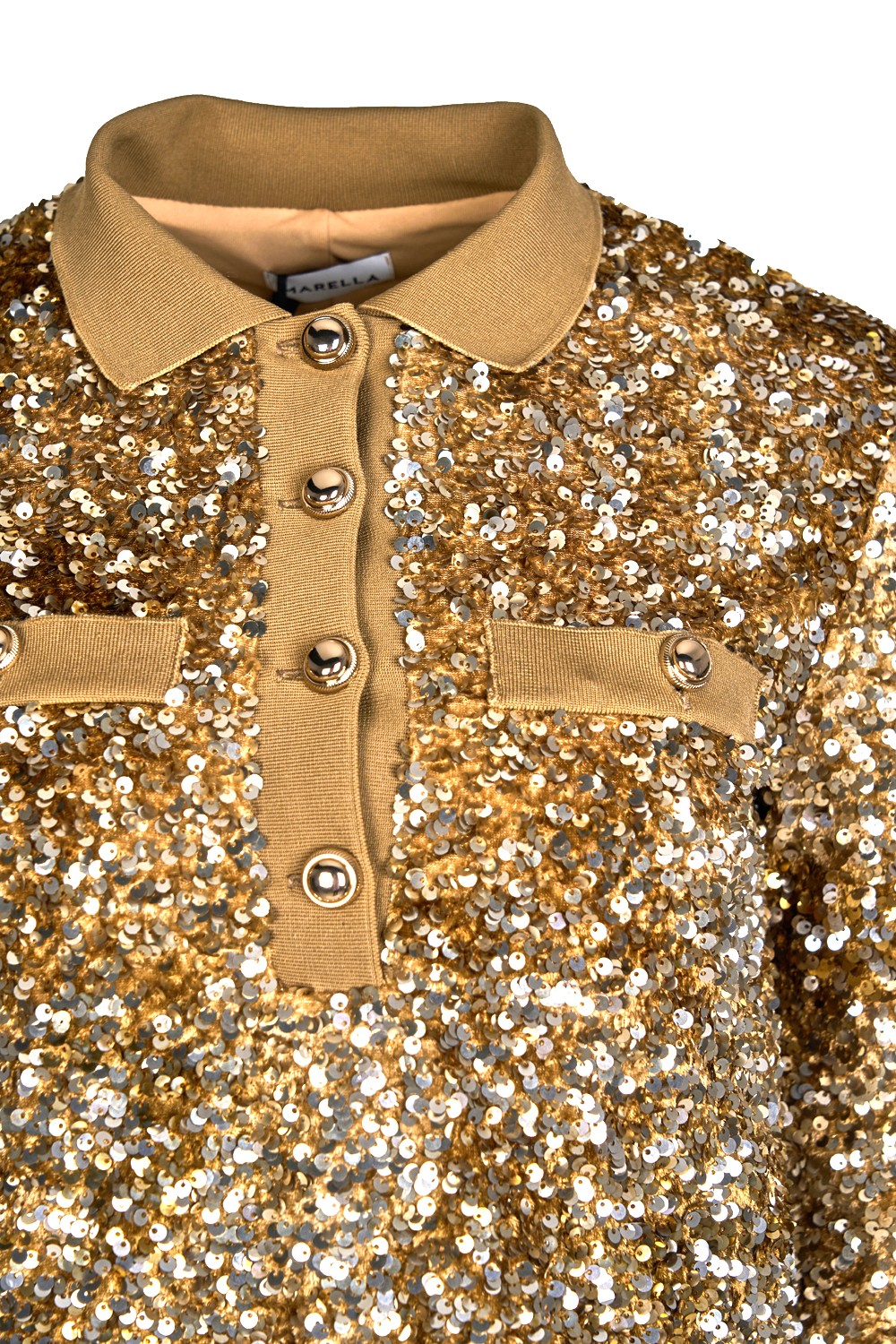 All-Over Sequinned Cropped Polo Blouse with Metal Buttons – Marella
