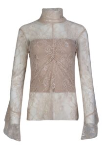 High Neck Ruched Sheer Lace Blouse with Flounce Cuffs and Incorporated Camisole- Kaos - Soft Dusty Pink, IT 42