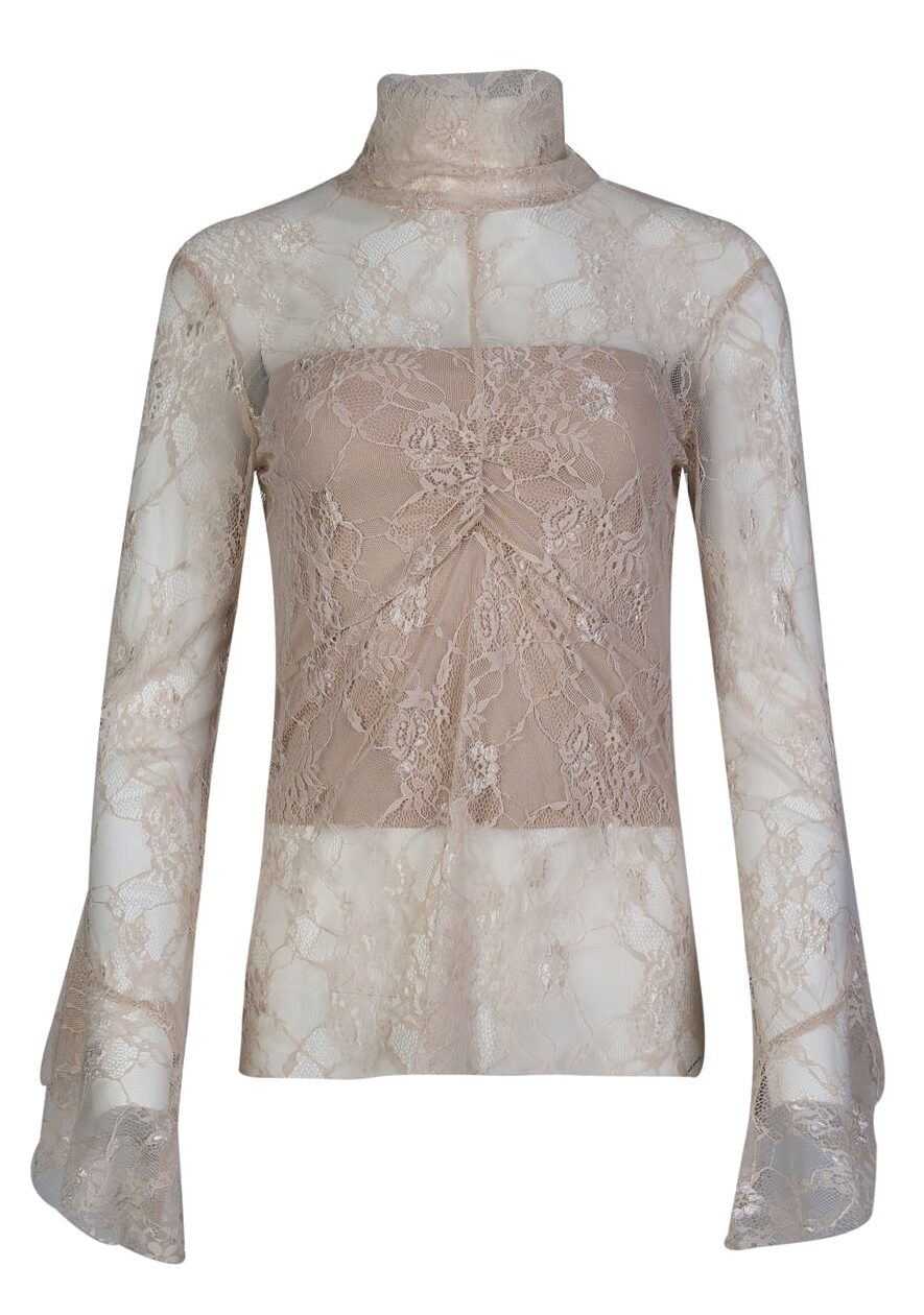Image of High Neck Ruched Sheer Lace Blouse with Flounce Cuffs and Incorporated Camisole- Kaos