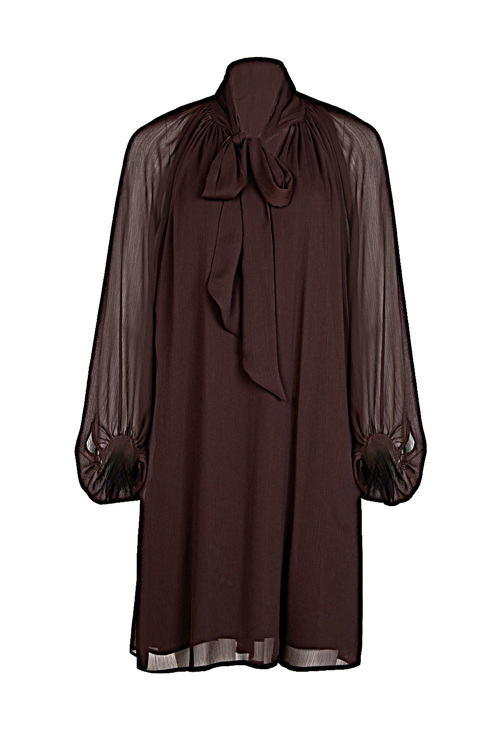 Image of Pussy Bow Ruched Sheer Dress with Large Puffed Sleeves – Caractere