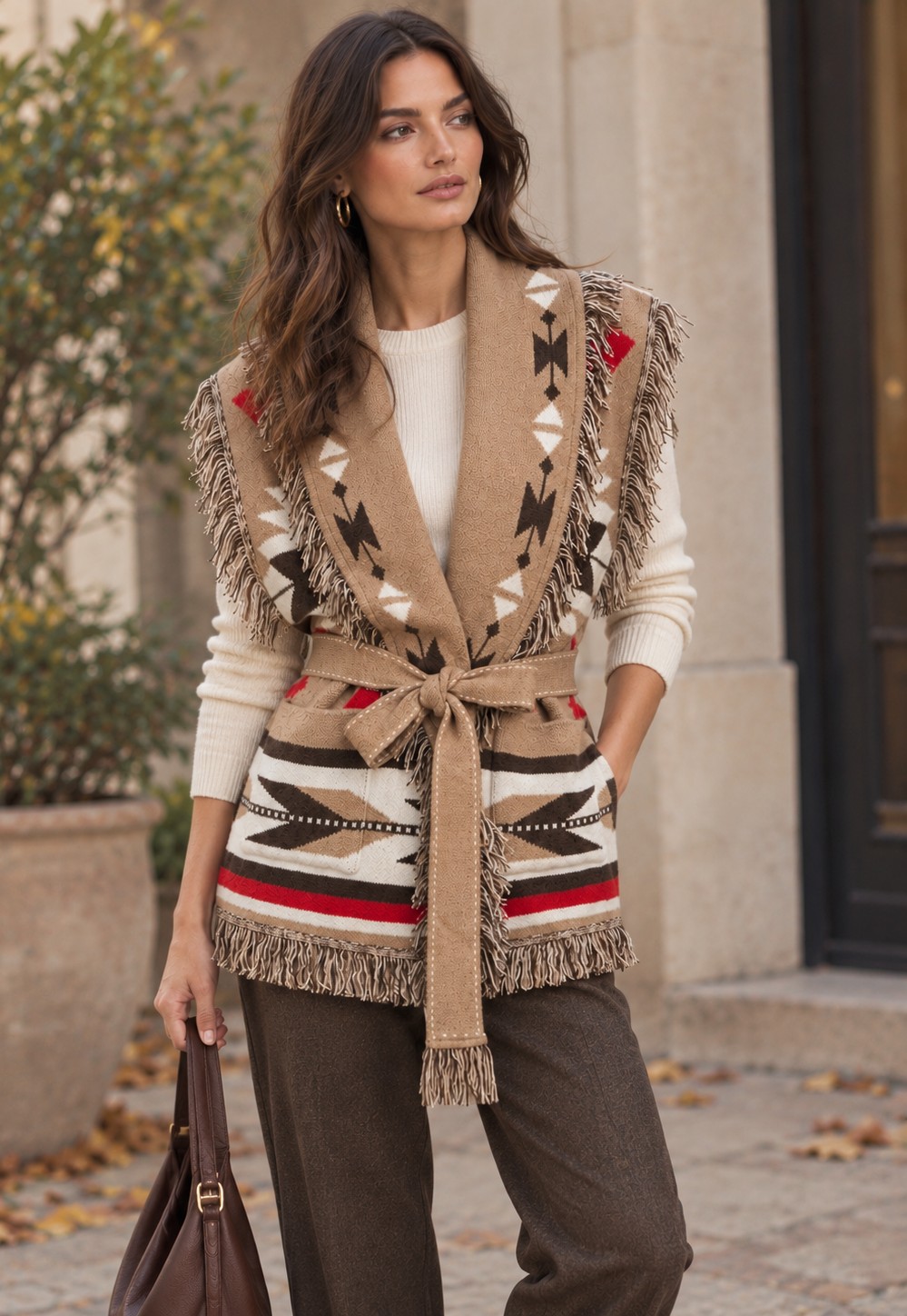 Azteque Print Soft Long Vest with Tie Belt – Orlinn