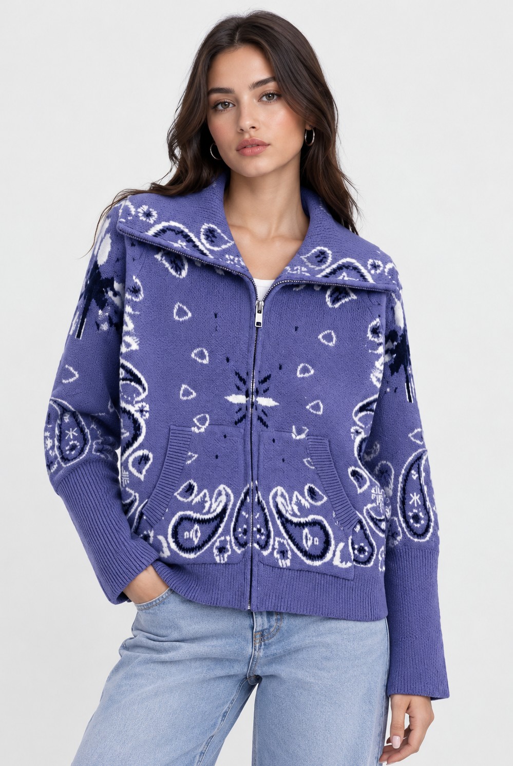 High Collar Bandana Print Zipped Soft Jacket with Front Pockets – Orlynn