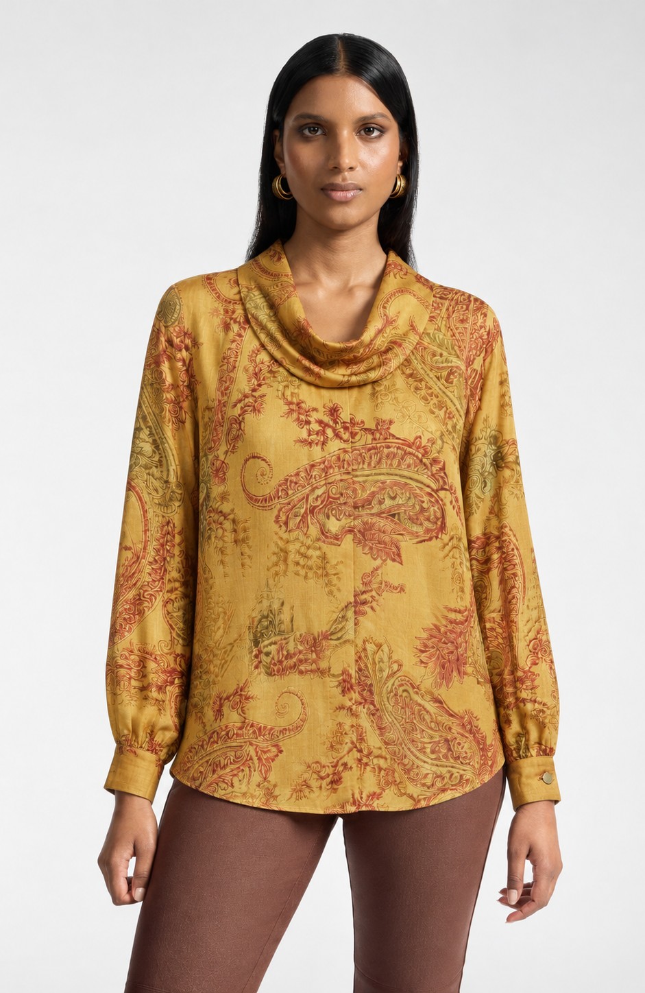 Silky Large Paisley Blouse with Open Folded Neckline – Elena Miro