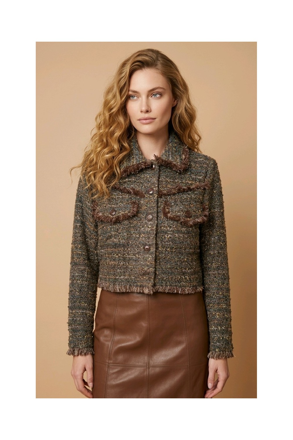 Cropped Bouclé Jacket with Fringe and Pocket Details – An’ge